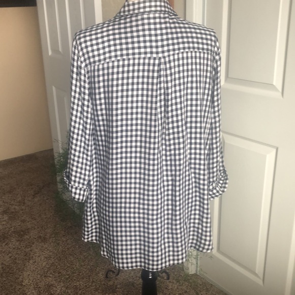Gingham Black and White Blouse. Black Lace over Bodice. 100% Rayon, so comfy. - Picture 3 of 3